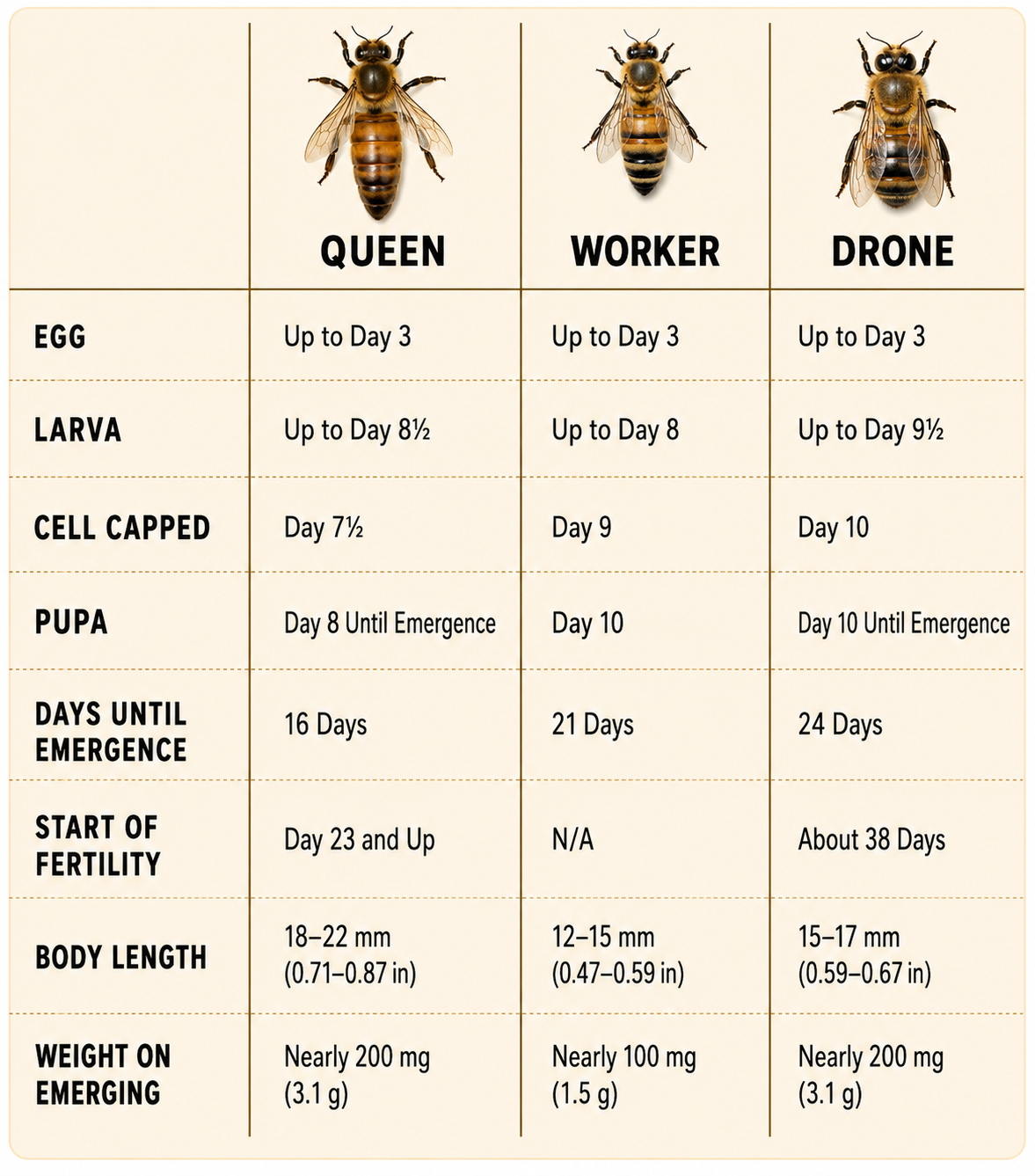 Lifecycle reference table comparing queen, worker, and drone development, including egg, larva, capped cell, pupa, emergence timing, fertility, body length, and weight on emerging.